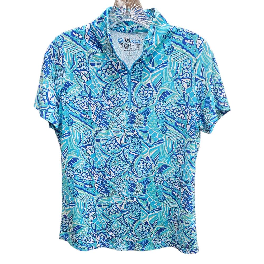 IBKUL Krista Blue Turquoise Short Sleeve Mock Neck 1/4 Zip Golf Tennis Shirt S